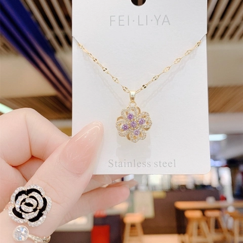 Rotating Purple Flower Four-Leaf Clover Pendant Necklace For Women Stainless Steel Rhinestone Lucky Clavicle Chain Jewelry