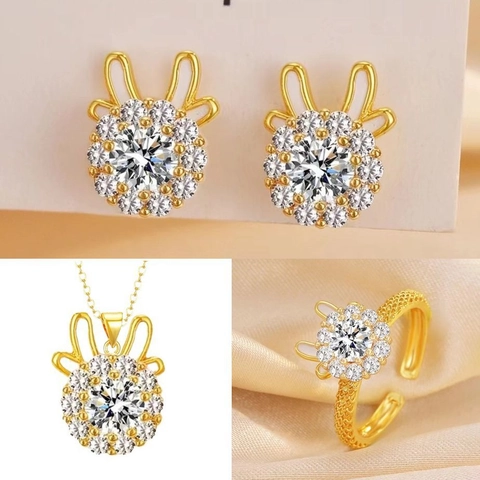 Rotating Rabbit Reindeer Jewelry Set Stainless Steel Cubic Zirconia Necklace Earrings Ring For Women Christmas Party Gift