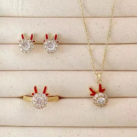 Rotating Rabbit Reindeer Jewelry Set Stainless Steel Cubic Zirconia Necklace Earrings Ring For Women Christmas Party Gift