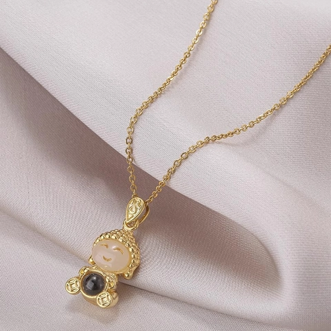 Titanium Steel Buddha Pendant Necklace For Women Gold Heart Sutra Projection Stone Choker Ethnic Style Fashion Jewelry