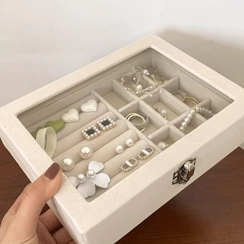 Große Kapazität Flanell Schmuckkästchen Elegant Samt Ring Halskette Ohrringe Aufbewahrungsbox Mit Glasfenster Metallschloss Tragbar