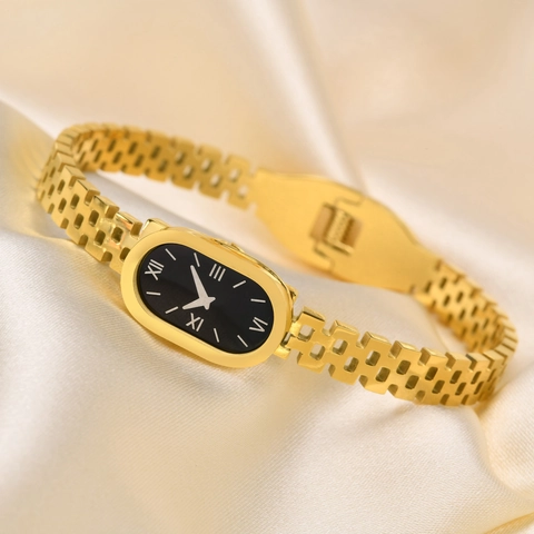 Vintage Stainless Steel Watch Style Bracelet For Women Gold Oval Black Dial Roman Numerals Hollow Chain Fashion Jewelry