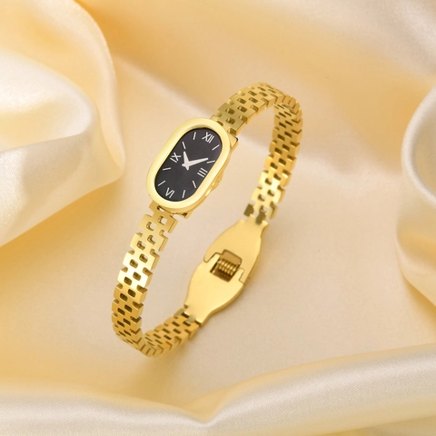 Vintage Stainless Steel Watch Style Bracelet For Women Gold Oval Black Dial Roman Numerals Hollow Chain Fashion Jewelry