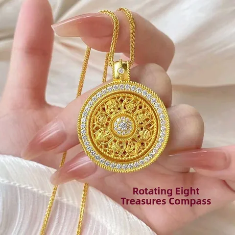 Retro Chinese Style Rotating Eight Auspicious Symbols Compass Pendant Necklace Gold Plated Stainless Steel Chain Hollow Zirconia Jewelry For Women