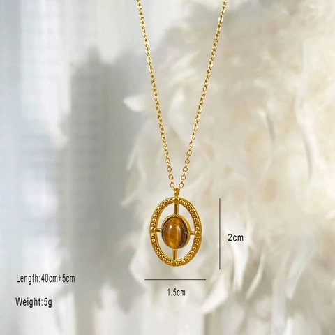 Vintage Gold Plated Titanium Steel Natural Tiger Eye Pendant Necklace For Women Retro Bohemian Geometric Jewelry Accessory