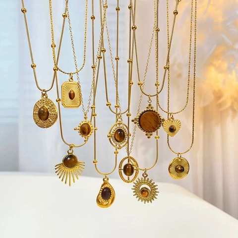 Vintage Gold Plated Titanium Steel Natural Tiger Eye Pendant Necklace For Women Retro Bohemian Geometric Jewelry Accessory