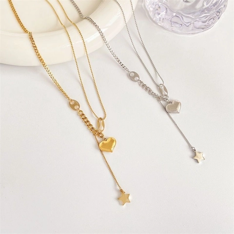 Collana a Nappina con Cuore e Stella in Acciaio Inossidabile per Donna Catena a Doppio Strato a Forma di Y Placcata Oro Argento