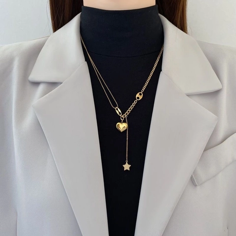 Collana a Nappina con Cuore e Stella in Acciaio Inossidabile per Donna Catena a Doppio Strato a Forma di Y Placcata Oro Argento