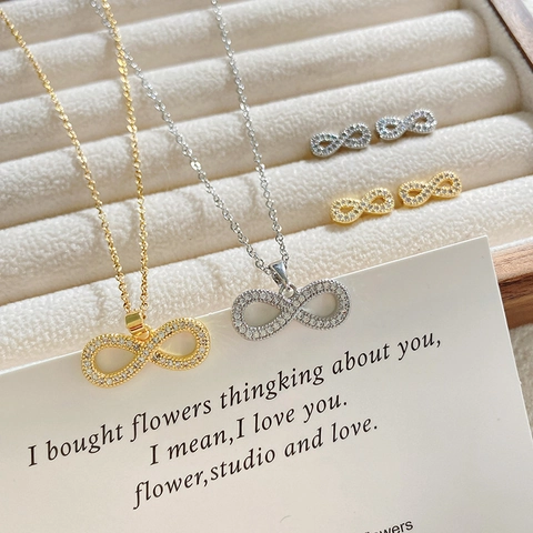 Titanium Steel Infinity Symbol Necklace And Stud Earrings Jewelry Set Gold Silver Plated Full Zircon Jewelry For Women