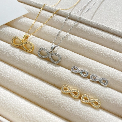 Titanium Steel Infinity Symbol Necklace And Stud Earrings Jewelry Set Gold Silver Plated Full Zircon Jewelry For Women