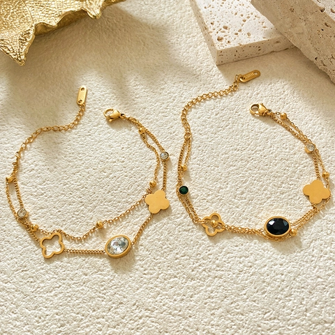 Pulsera de Doble Capa de Acero Inoxidable Oro Trébol Hueco para Mujer Elegante Circonia Dije Ovalado Joyería de Moda Regalo