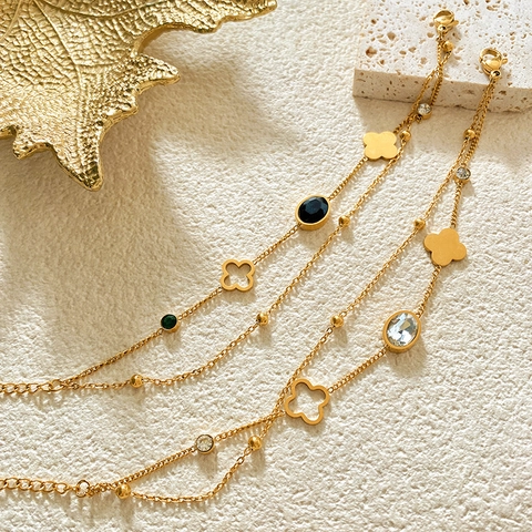 Pulsera de Doble Capa de Acero Inoxidable Oro Trébol Hueco para Mujer Elegante Circonia Dije Ovalado Joyería de Moda Regalo