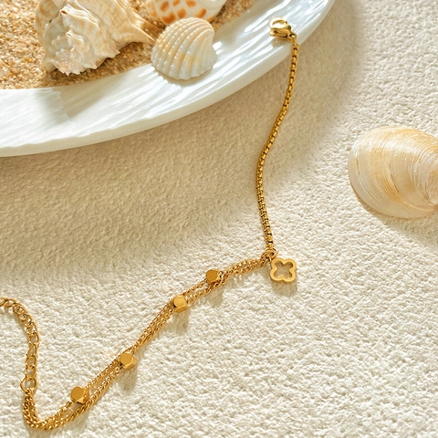 Pulsera de Trébol de Cuatro Hojas de Acero de Titanio de Doble Capa Para Mujer Pulsera de Cadena de Caja Geométrica Minimalista Oro
