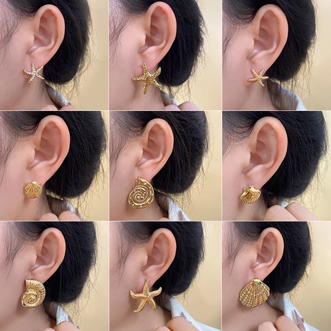 Vintage Gold Plated Copper Ocean Theme Stud Earrings For Women Starfish Conch Shell Rhinestone Elegant Daily Jewelry