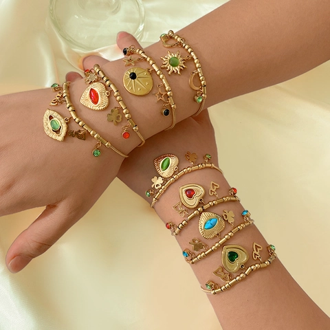 Bohemian Gold Plated Titanium Steel Charm Bracelet With Heart Moon Star And Evil Eye Rhinestone Adjustable Women Jewelry