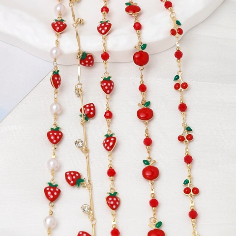 Copper Fruit Charm DIY Jewelry Chain Strawberry Cherry Apple Enamel Pendants With Artificial Pearl Rhinestone For DIY Necklace Bracelet Making Women Accessories