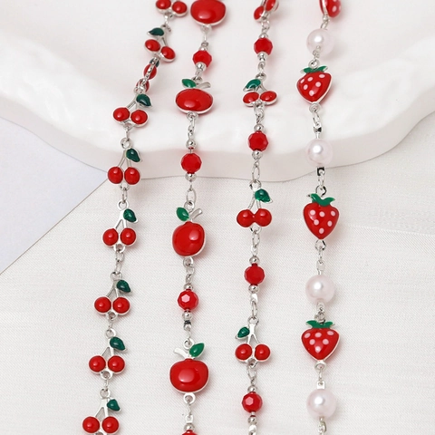Copper Fruit Charm DIY Jewelry Chain Strawberry Cherry Apple Enamel Pendants With Artificial Pearl Rhinestone For DIY Necklace Bracelet Making Women Accessories