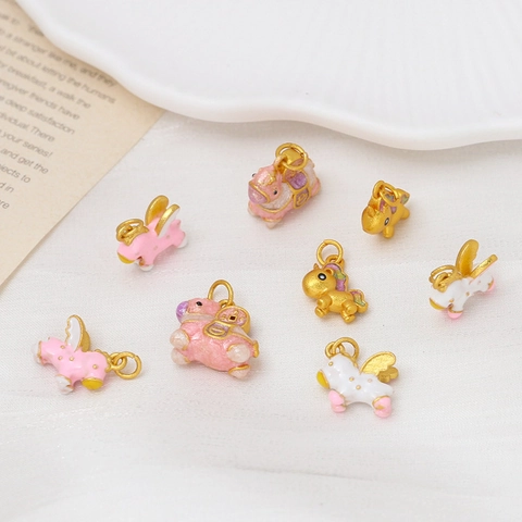 Copper Enamel Rocking Horse Unicorn Pendants DIY Jewelry Accessories Gold Plated Animal Charms For Necklace Bracelet Making
