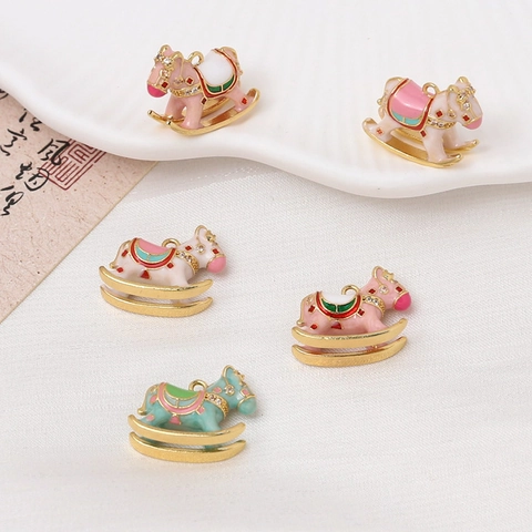 Copper Rocking Horse Pendant DIY Jewelry Accessory Cartoon Enamel Rhinestone Animal Horse Charm For Bracelet Necklace Making