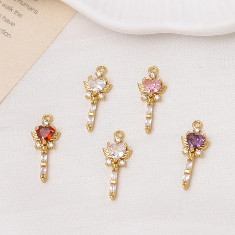 Angel Magic Wand Heart Pendant Copper Gold Plated Rhinestone Charms For DIY Necklace Earrings Bracelet Making Jewelry Accessories