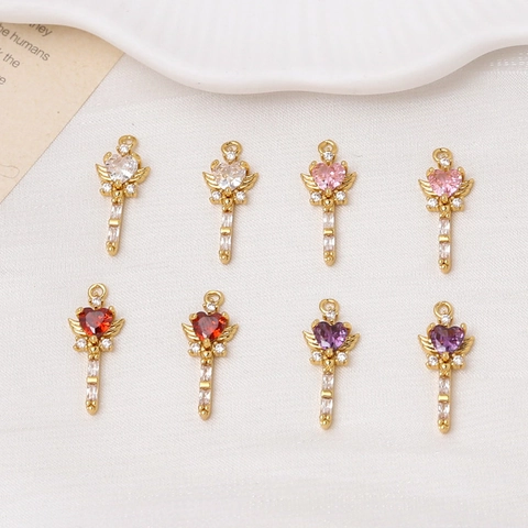 Angel Magic Wand Heart Pendant Copper Gold Plated Rhinestone Charms For DIY Necklace Earrings Bracelet Making Jewelry Accessories