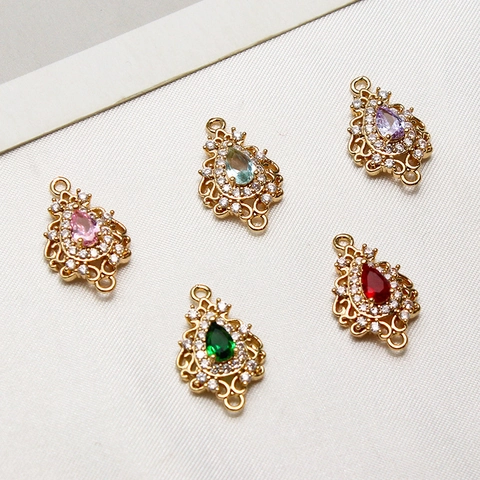 Vintage Copper Micro Rhinestone Inlaid Water Drop Pendants Retro Palace Style Glass Gemstone Jewelry Connectors DIY Materials