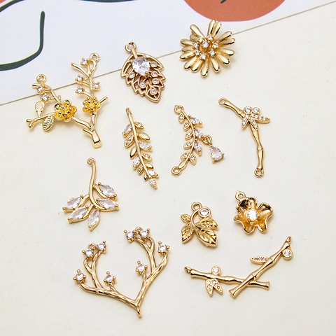 Copper Micro Inlaid Zirconia Flower Branch Leaf Antler Bamboo Pendants For DIY Jewelry Making Necklaces Earrings Findings