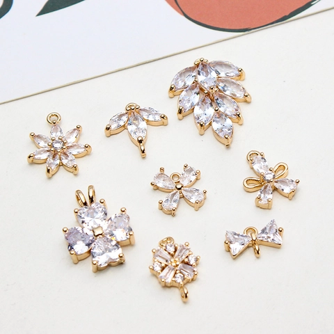 DIY Copper Zirconia Flower Leaf Pendants For Necklace Earring Making Gold Plated Floral Charms Jewelry Making Components