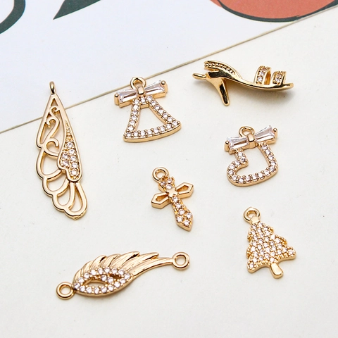 Copper Rhinestone Christmas Pendants For DIY Jewelry Making Gold Plated Cross Boot Feather High Heel Tree Charms Accessories
