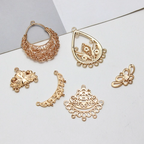 Vintage Filigree Hollow Copper Pendant Connector Gold Plated Flower Pattern DIY Jewelry Making Finding For Earrings Necklace