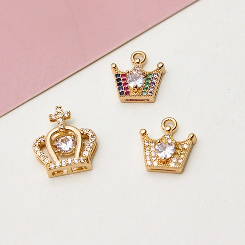 Gold Plated Copper Zirconia Crown Pendant Cross Dancing Stone Heart Charm For DIY Necklace Earring Jewelry Making Women Accessories
