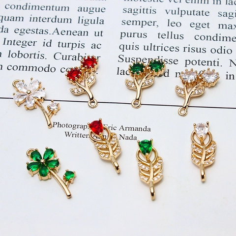 DIY Copper Rhinestone Inlaid Flower Feather Leaf Pendants Color-Preserving Electroplated Jewelry Making Charms Accessories