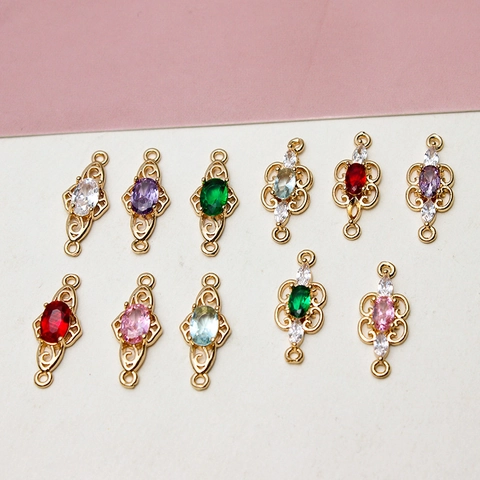 Vintage Copper Gold Plated Zirconia Inlaid Pendant Connectors Oval Hollow Flower Charms For DIY Bracelet Necklace Making Jewelry Findings