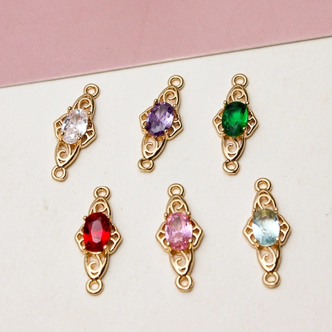 Vintage Copper Gold Plated Zirconia Inlaid Pendant Connectors Oval Hollow Flower Charms For DIY Bracelet Necklace Making Jewelry Findings