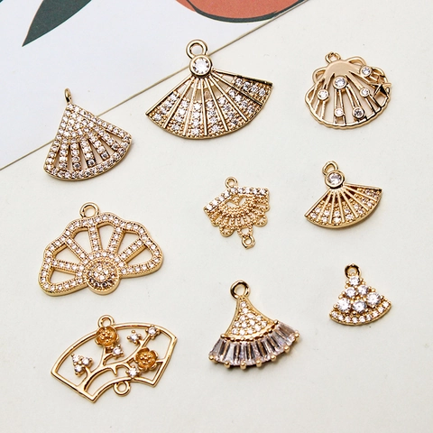 Elegant Copper Fan Shell Pendants Rhinestone Micro-pave Gold Plated Jewelry DIY Findings For Earring Necklace Making