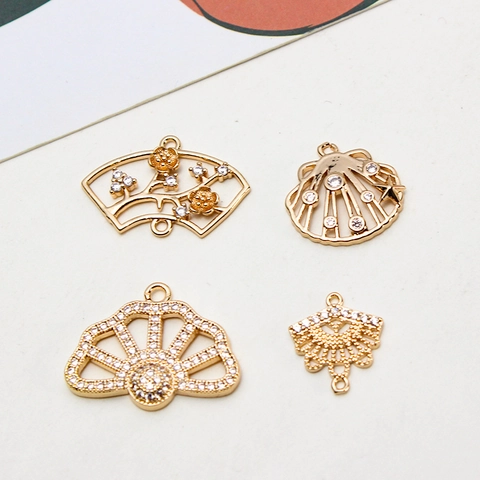 Elegant Copper Fan Shell Pendants Rhinestone Micro-pave Gold Plated Jewelry DIY Findings For Earring Necklace Making