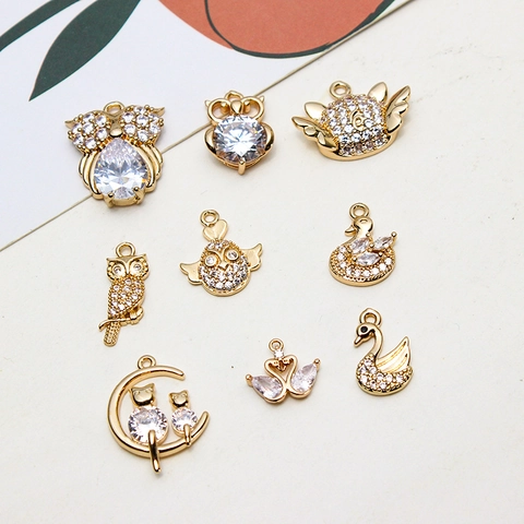 Exquisite Copper Zirconia Animal Pendants Gold Plated Swan Owl Cat Moon Charms For DIY Jewelry Making Necklaces Earrings Accessories