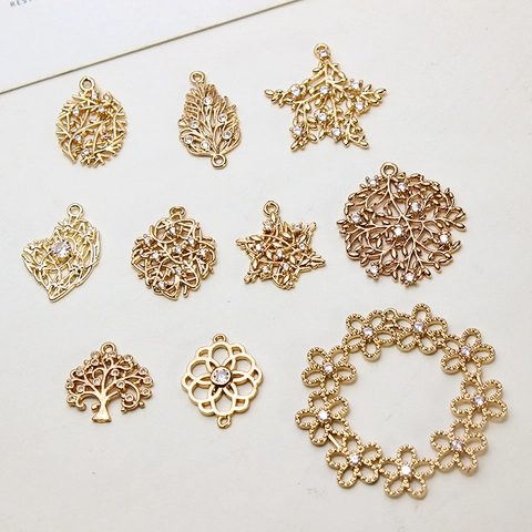DIY Copper Zircon Pendants Tree of Life Star Flower Leaf Heart Hollow Out Gold Plated Jewelry Making Accessory Pendants
