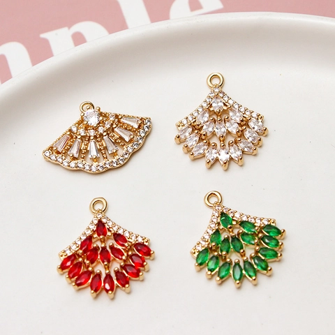 Vintage Copper Gold Plated Zirconia Inlaid Fan Geometric Pendant For DIY Jewelry Making Necklace Earrings Craft Material