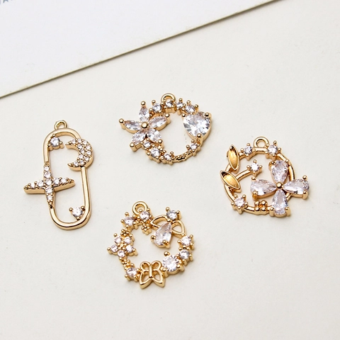 Copper Zirconia Flower Heart Star Moon Pendant Charms For DIY Jewelry Making Necklace Bracelet Accessory Gold Plated Pendant Only