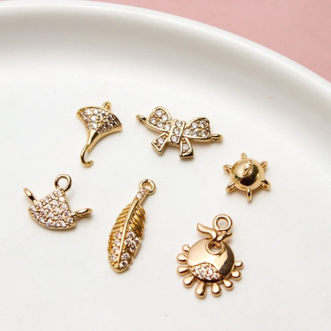 DIY Micro Inlaid Gold Plated Copper Pendants Rhinestone Bow Leaf Fan Shape Findings For Handmade Earrings Jewelry Making