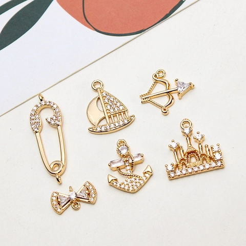 DIY Copper Micro-Pave Zirconia Sailboat Anchor Castle Bowknot Arrow Paperclip Pendants Gold Plated Jewelry Making Accessories For Women