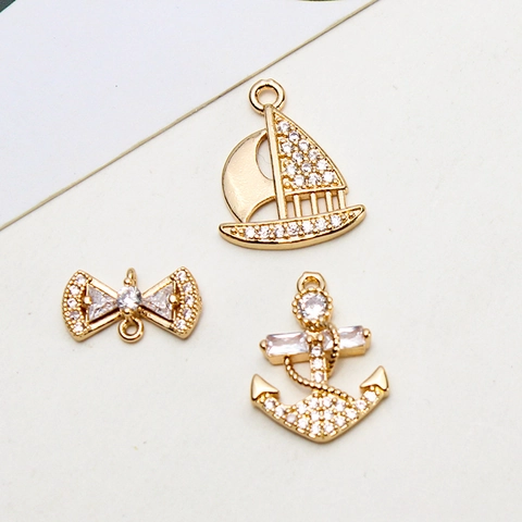 DIY Copper Micro-Pave Zirconia Sailboat Anchor Castle Bowknot Arrow Paperclip Pendants Gold Plated Jewelry Making Accessories For Women