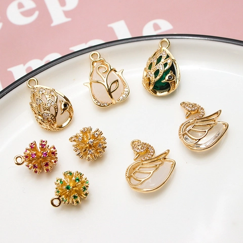 DIY Copper Micro Pave Zirconia Swan Flower Waterdrop Pendants Gold Plated Jewelry Making Accessories For Necklace Earrings