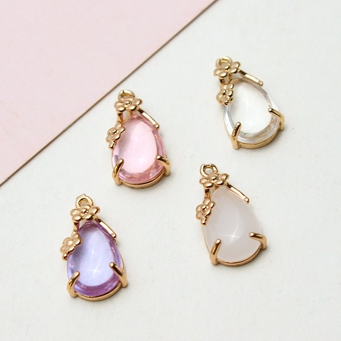 Copper Teardrop Pendant Only (Without Chain) Glass Crystal Flower Decor For DIY Earrings Necklace Jewelry Making Women