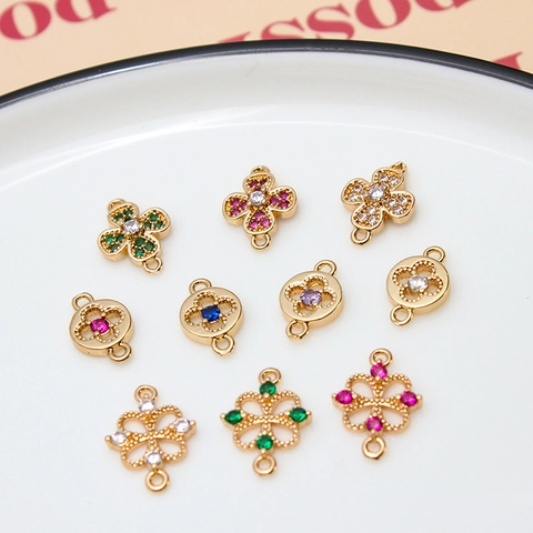 DIY Jewelry Making Materials Copper Gold Plated Micro Inlaid Zirconia Four Leaf Clover Flower Connector Pendant Accessory