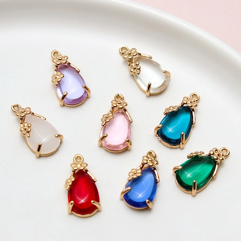 Copper Teardrop Pendant Only (Without Chain) Glass Crystal Flower Decor For DIY Earrings Necklace Jewelry Making Women
