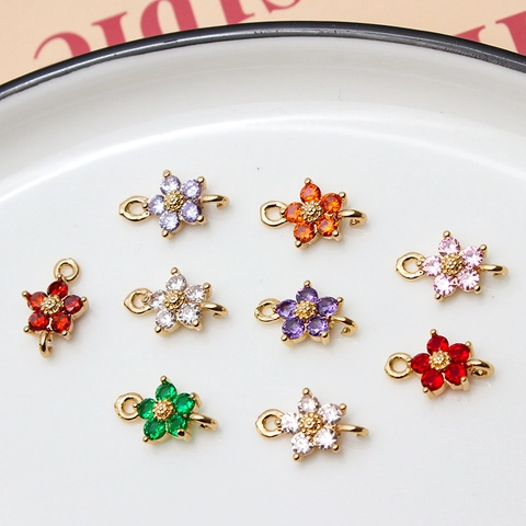 Copper Gold Plated Zircon Five Petal Flower Pendant Double Loop Connector DIY Earring Jewelry Making Accessories For Women