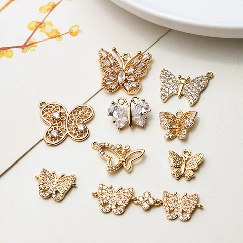 Colgantes de Mariposa de Cobre Chapado en Oro Con Incrustación de Zirconia Accesorios de Joyería DIY para Collar Pendiente Pulsera Mujer