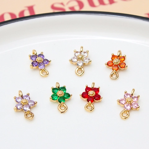 Copper Gold Plated Zircon Five Petal Flower Pendant Double Loop Connector DIY Earring Jewelry Making Accessories For Women
